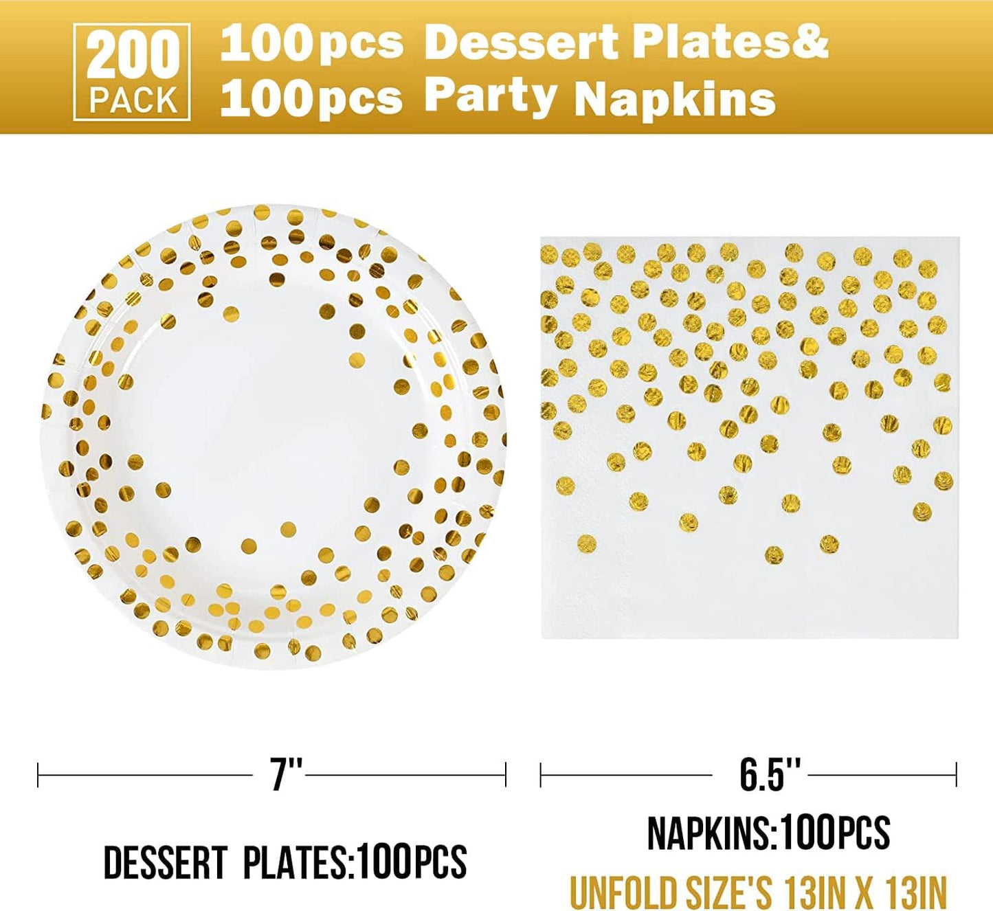 White and Gold Plates and Napkins -100 x 7inch Paper Plates & 100 x 6.5inch Napkins,White Paper Plate for Cake,Dessert,Great for Weddings,Birthdays,Bridal Parties,All Occasions(200 PCS)