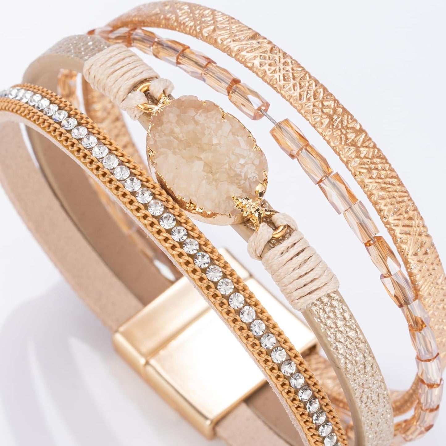 FANCY SHINY Leather Wrap Bracelet Boho Cuff Bangle Bracelets Crystal Bead Bracelet with Magnetic Clasp Jewelry Gifts for Women