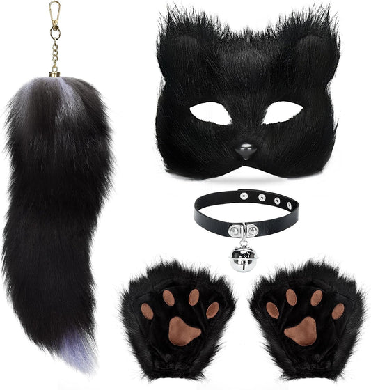 BADALU Therian Cat Mask and Tail Set for Girls - Halloween Furry Fox Mask, Wolf Tail, Cat Costume With Leather Choker - Faux Fur Cosplay Party Accessories
