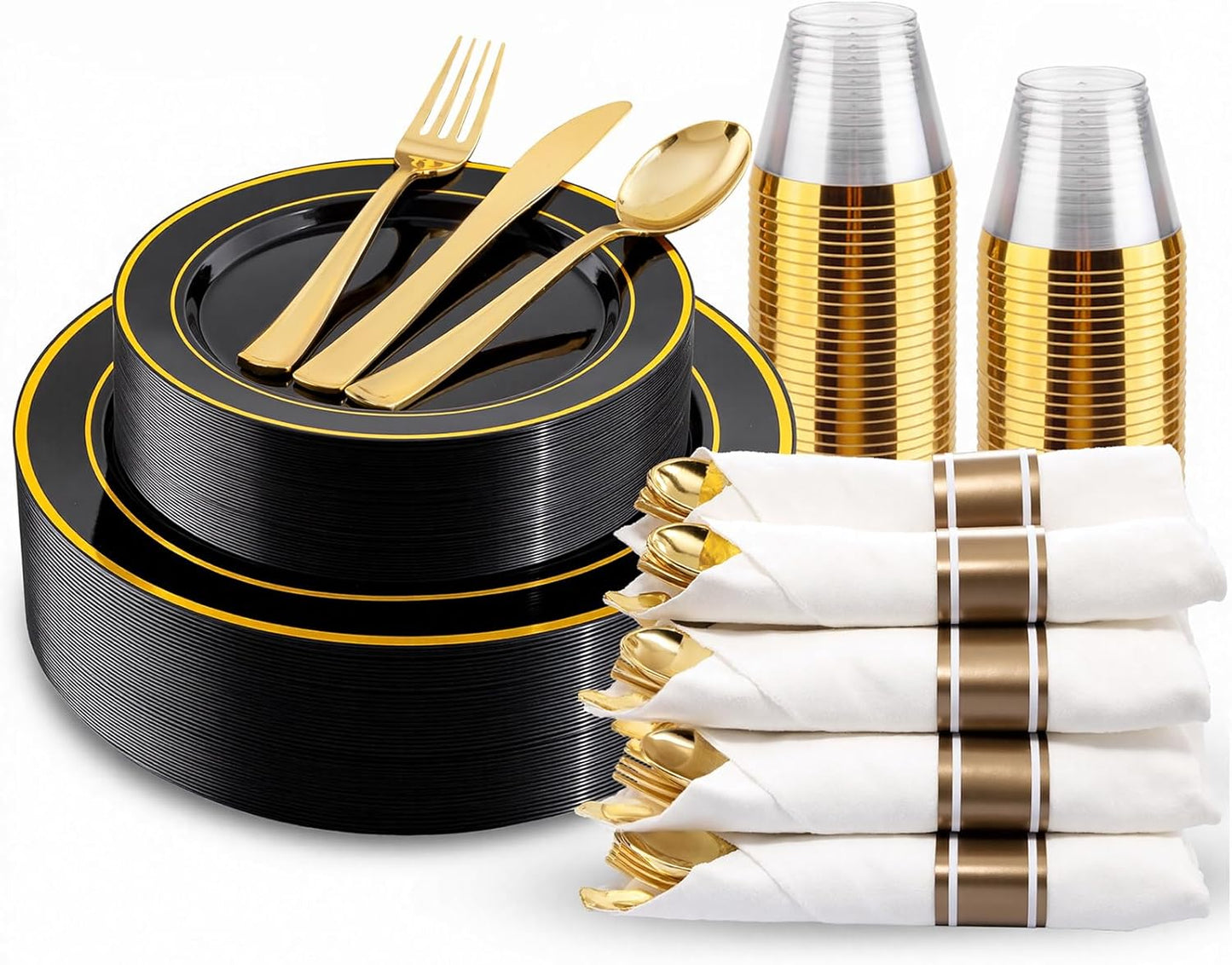 175PCS Black and Gold Plates - Black Disposable Plates for Party - 25Guests Disposable Dinnerware Set for New Year/Wedding