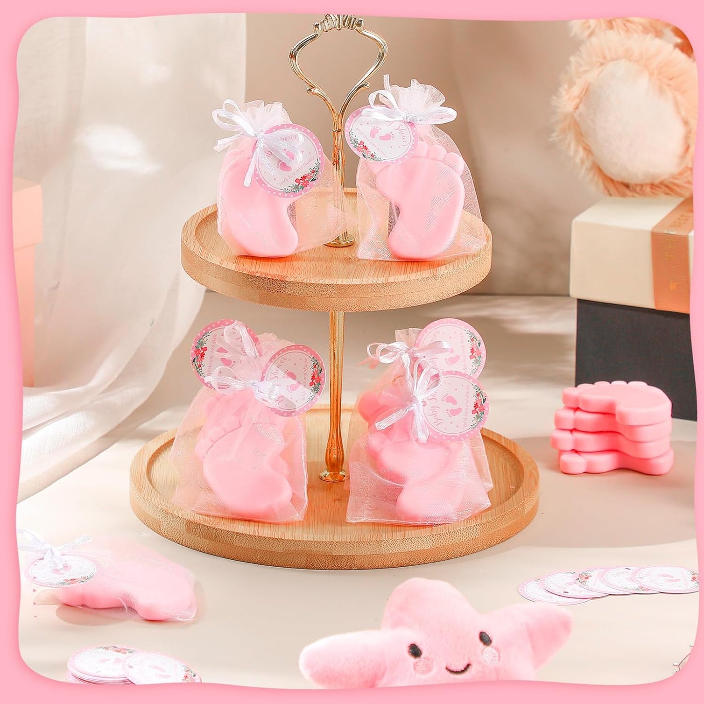 50 Sets Baby Shower Favors Handmade Baby Feet Scented Soap Party Favors for Guests Gifts with Organza Bags and Thanks Tags Wedding Party(Pink)