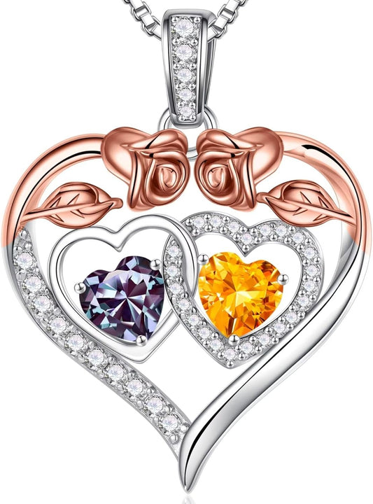 Iefil Double Birthstone Necklace Gifts for Wife Girlfriend Her Women, Birthstone Jewelry Gemstone Valentines Birthday Gifts for Her Women Wife Mom Grandma