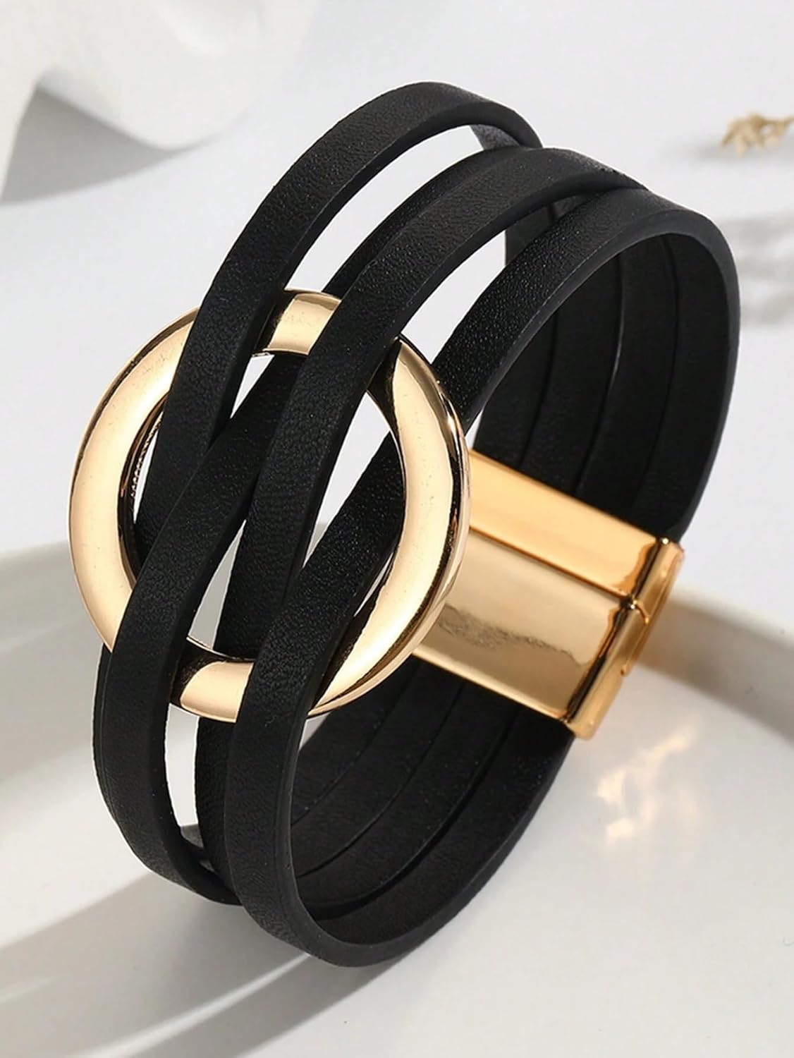 Fesciory Leopard Bracelet for Women, Boho Leather Wrap Multi-Layer Pearl Crystal Bracelet Bangle Jewelry