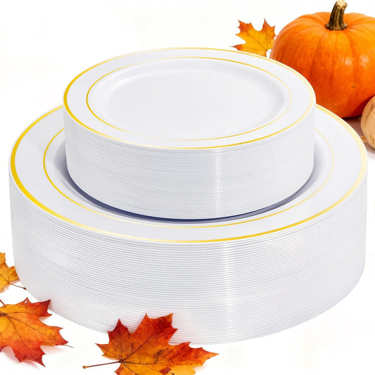 I00000 60 Pieces Gold Plastic Plates, Heavy Duty White and Gold Plastic Plates for 30 Guests Include: 30 Gold Rim Dinner Plates and 30 Gold Dessert Plates Perfect for Wedding, Party & Mother's Day