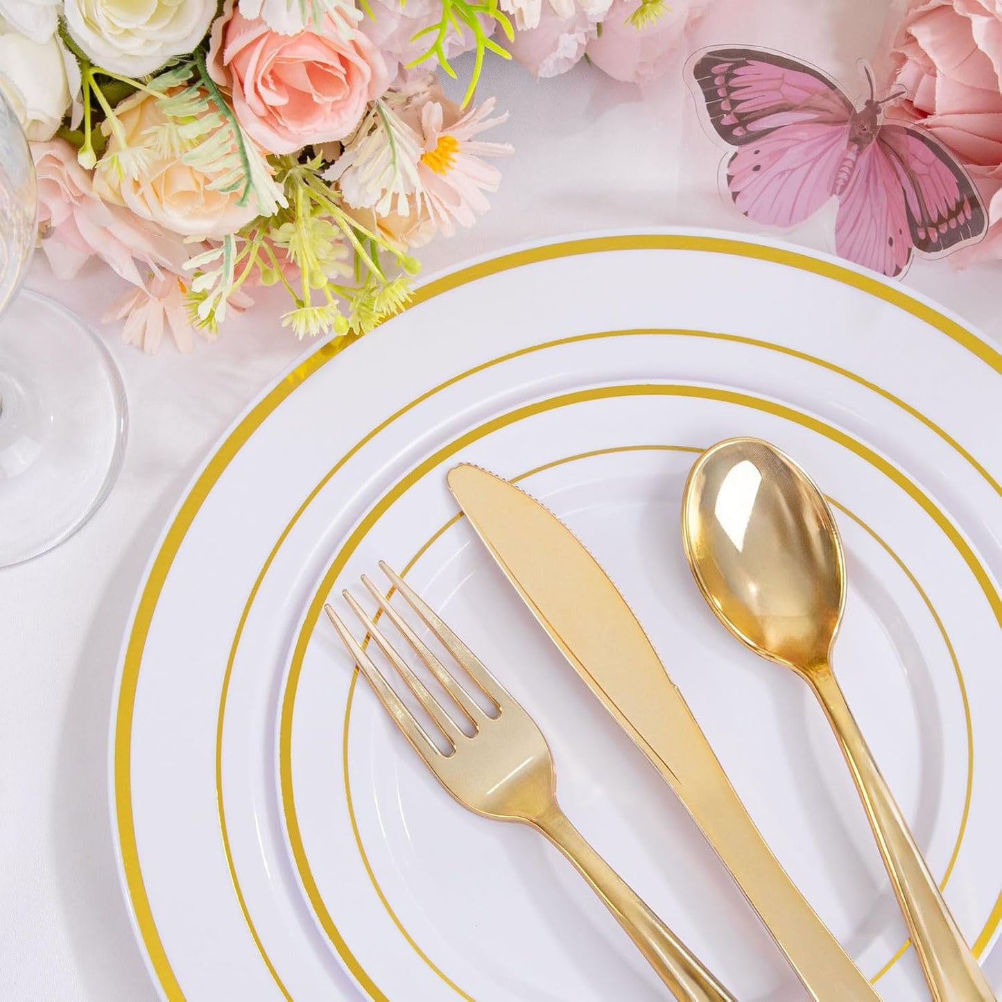 Supernal 102pcs White and Gold Plastic Plates Disaposable Party Plates White Gold Rim Heavy duty, Fancy Gold Plastic Dinnerware Set included 51 Dinner & Dessert Plates for Party,Birthday and Wedding