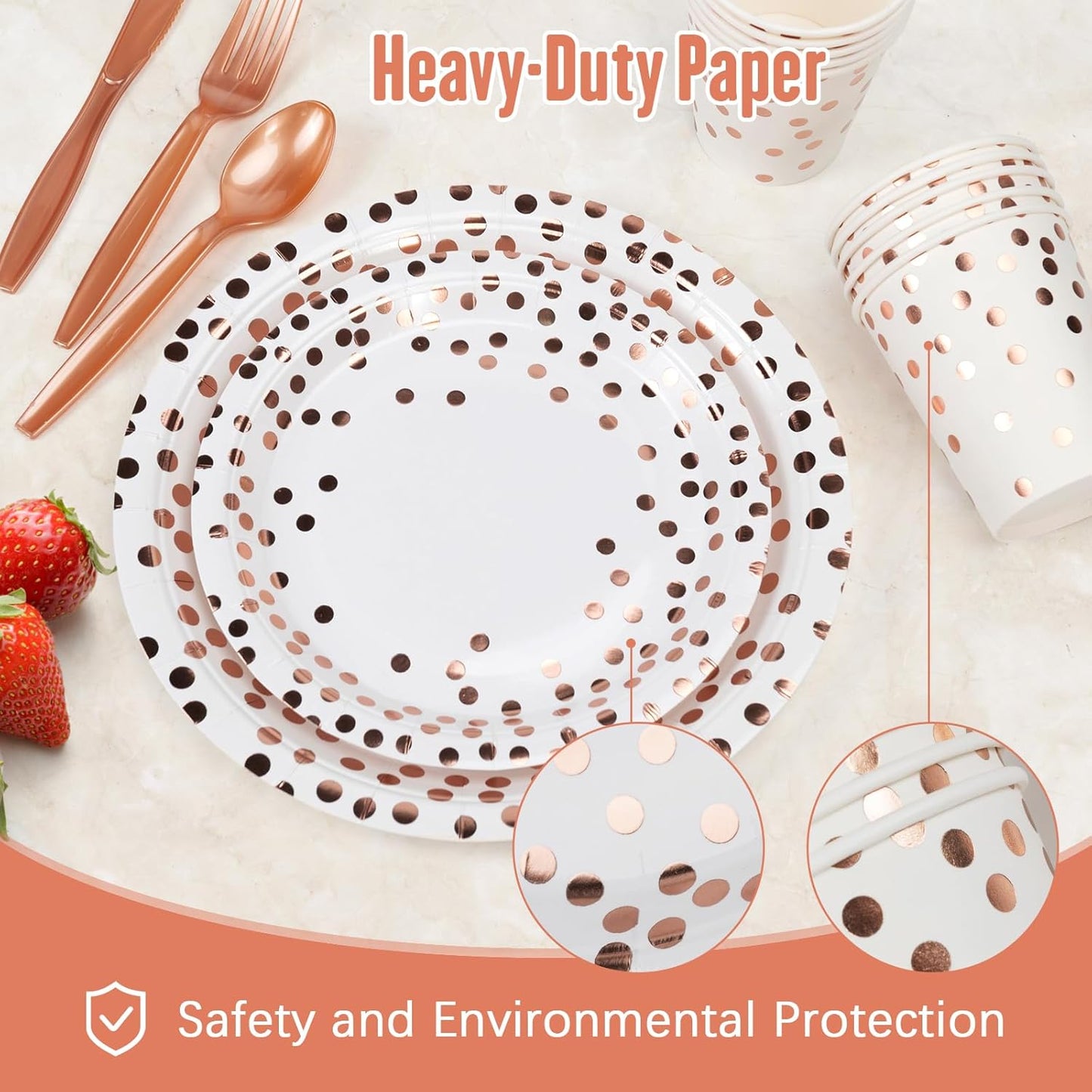 Party Supplies Set - 280 Pieces of White and Rose Gold Dot Paper Plates, Cups, Napkins, and Heavy Duty Silverware for 40 Guests for Birthdays, Graduation, Wedding, Festivals