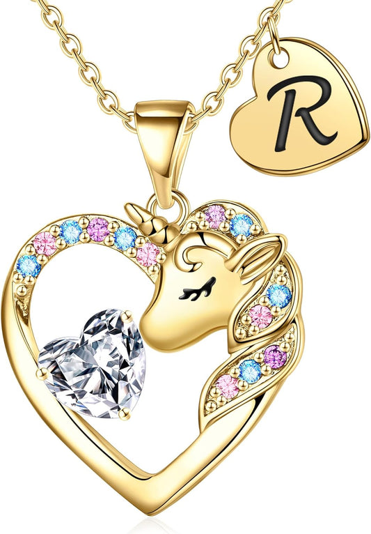 Christmas Gifts for Grandkids Kids - Colorful CZ Heart Initial Unicorn Necklace for Girls Jewelry Unicorn Birthday Gifts for Girls Stocking Stuffers for Kids