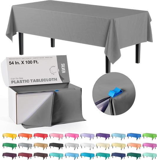 Party Solids 54 Inch X 100 Feet Silver Plastic Table Cover Roll in A Cut - to - Size Box with Convenient Slide Cutter. Cuts Up to 12 Rectangle 8 Feet Plastic Disposable Tablecloths