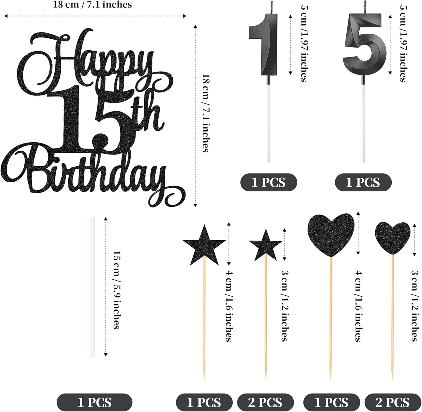 15th Birthday Cake Decorations, 15th Birthday Candles Cake Numeral Candles and Glitter Happy 15th Birthday Cake Toppers Set for Birthday Party Supplies (Black)