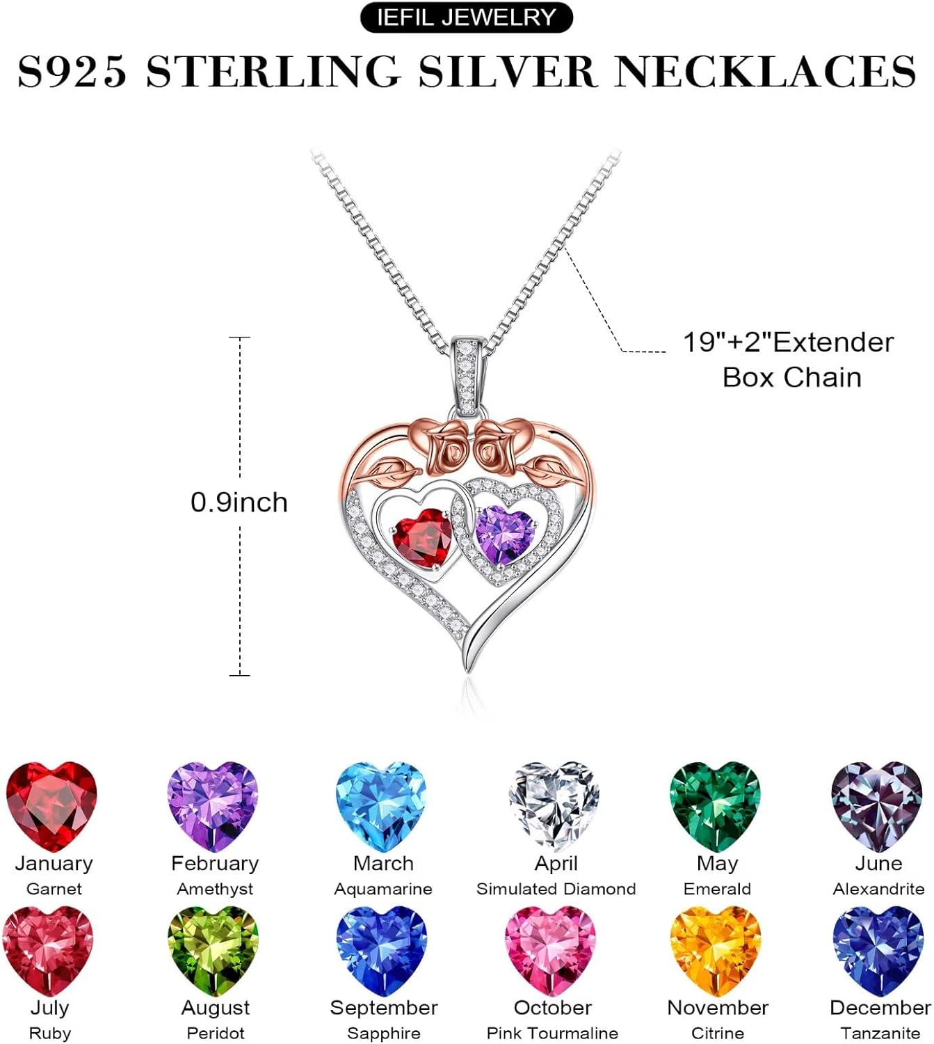 Iefil Double Birthstone Necklace Gifts for Wife Girlfriend Her Women, Birthstone Jewelry Gemstone Valentines Birthday Gifts for Her Women Wife Mom Grandma