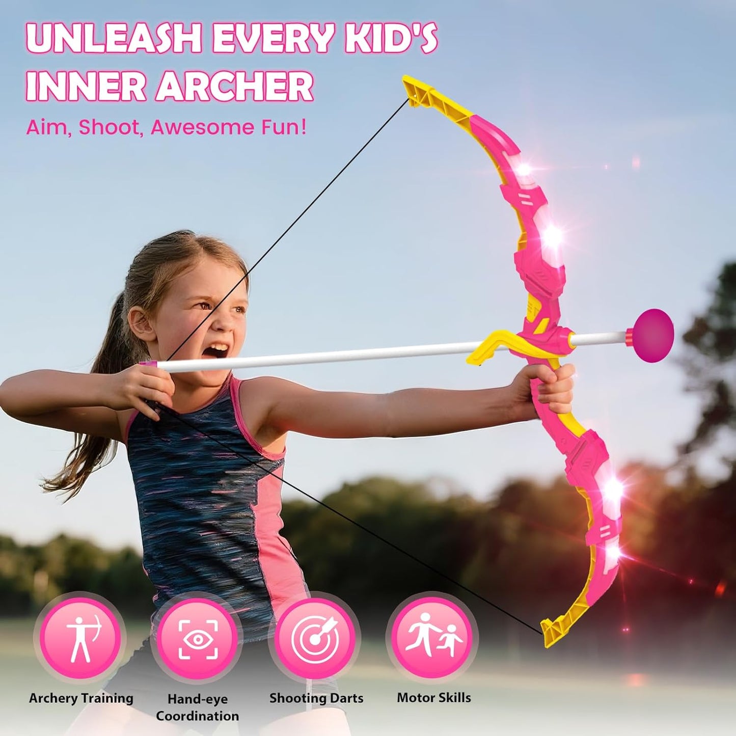 VATOS 2 Pack Bow and Arrow Toy with LED Light - 4 in 1 Archery & Dart Game Set with 20 Suction Cup Arrows, Mermaid Glow Target & Dart Board - Indoor/Outdoor Birthday Gift for Kids Boys Girls Ages 5-12