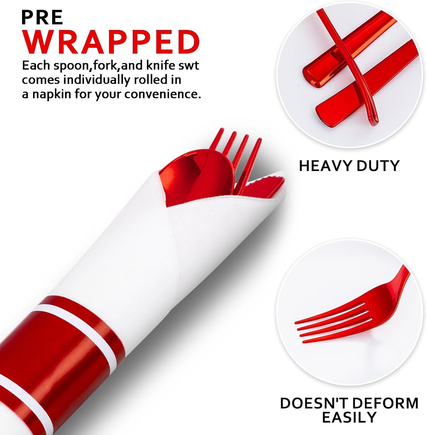 400PCS Pre Rolled Red Plastic Silverware Sets - Heavy Duty Red Cutlery - Include 100 Pack Wrapped Disposable Utensils with Napkins for Christmas Parties & Dinners & Weddings