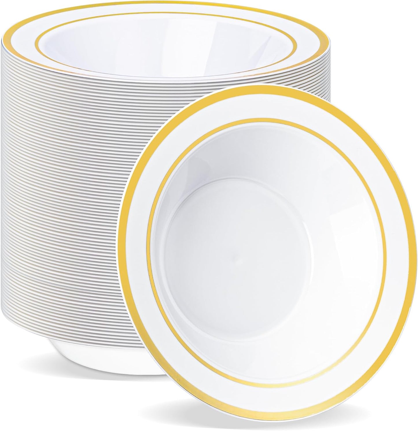 BESTVIP 100 Pack Plastic Bowls with Gold Rim, 12 oz Disposable Soup Bowls, Heavy-duty Dessert Salad Bowl for Party, Wedding, Christmas, Thanksgiving, Dinner, Catering
