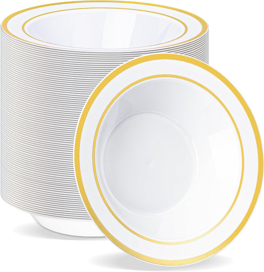 BESTVIP 100 Pack Plastic Bowls with Gold Rim, 12 oz Disposable Soup Bowls, Heavy-duty Dessert Salad Bowl for Party, Wedding, Christmas, Thanksgiving, Dinner, Catering