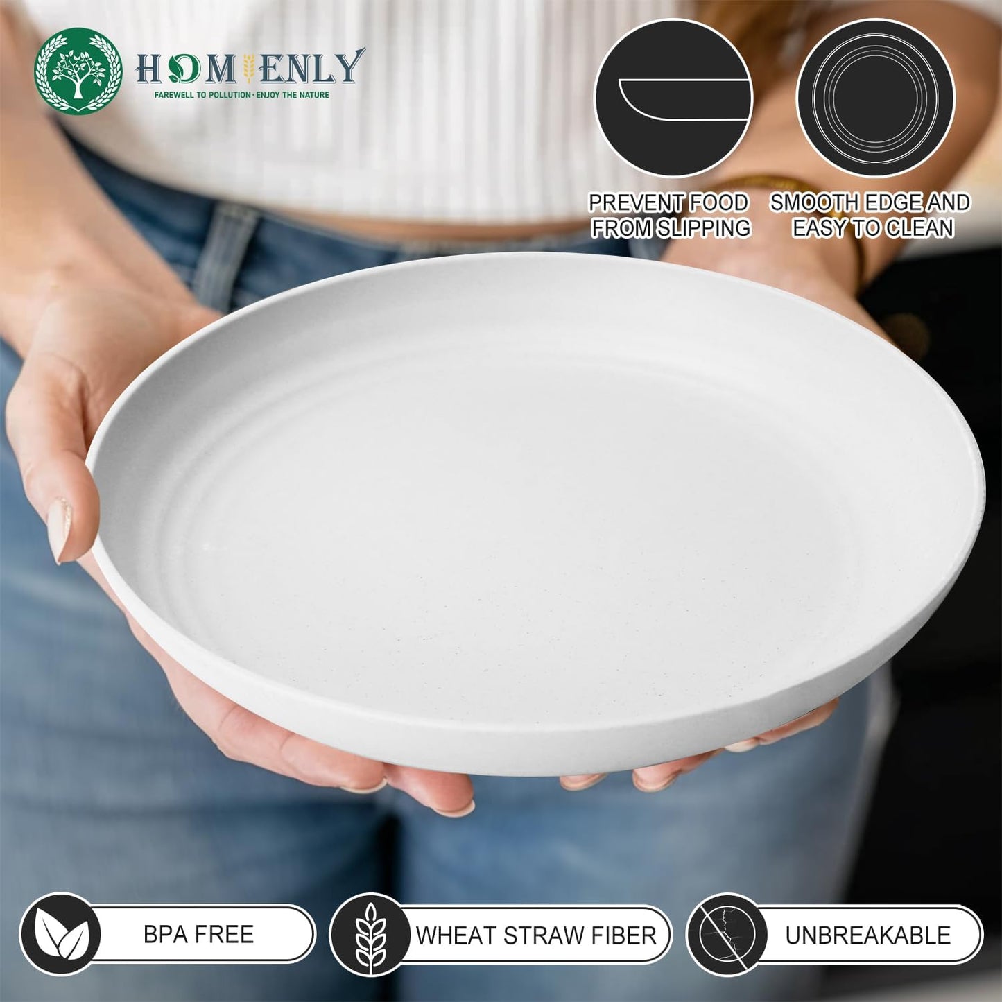 Homienly Deep Dinner Plates, Wheat Straw Plates 10 inch Set of 8, Unbreakable Plates for Kitchen, Kids, Lightweight Microwave and Dishwasher Safe Camping Plate Set for Salad, Dinner, Fruit - White