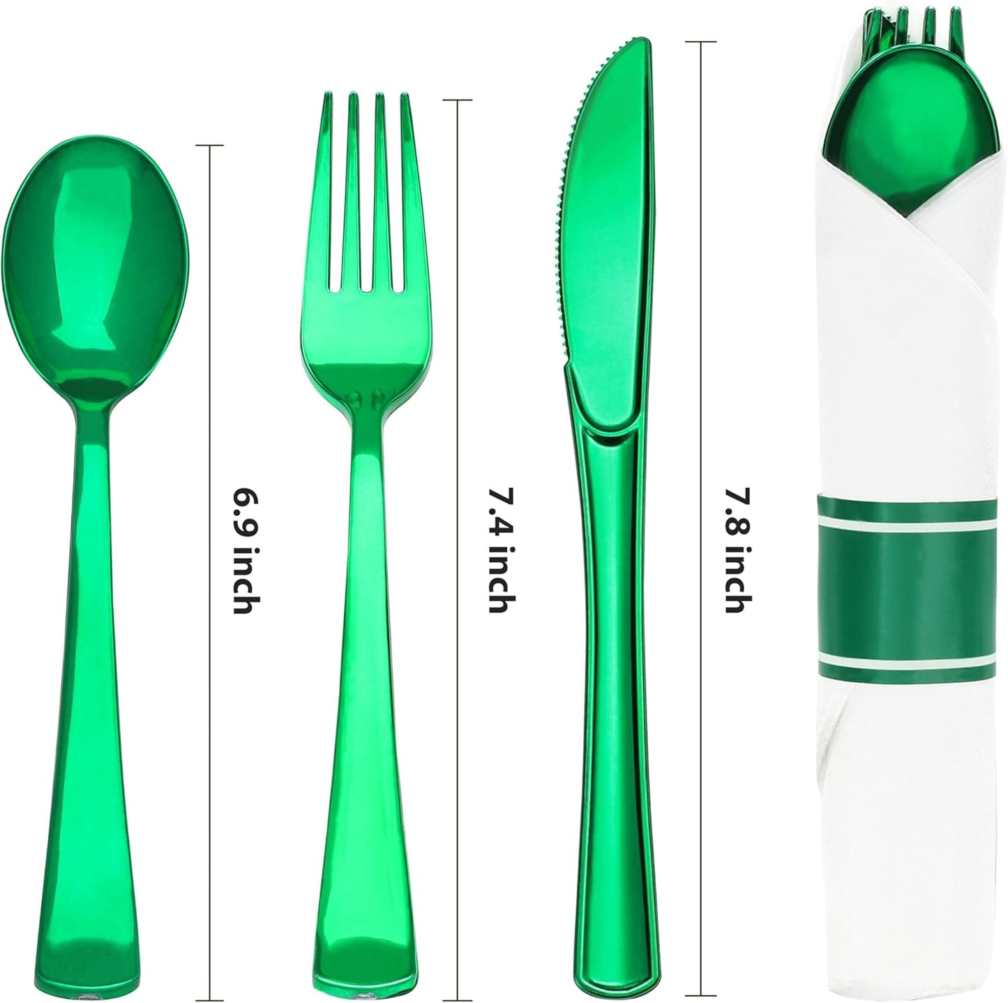 Goodluck 50 Set Green Pre Rolled Plastic Cutlery Set, Wrapped Silverware Set with 50 Forks, 50 Knives, 50 Spoons and 50 Napkins, Perfect for Party, Christmas, St.Patrick