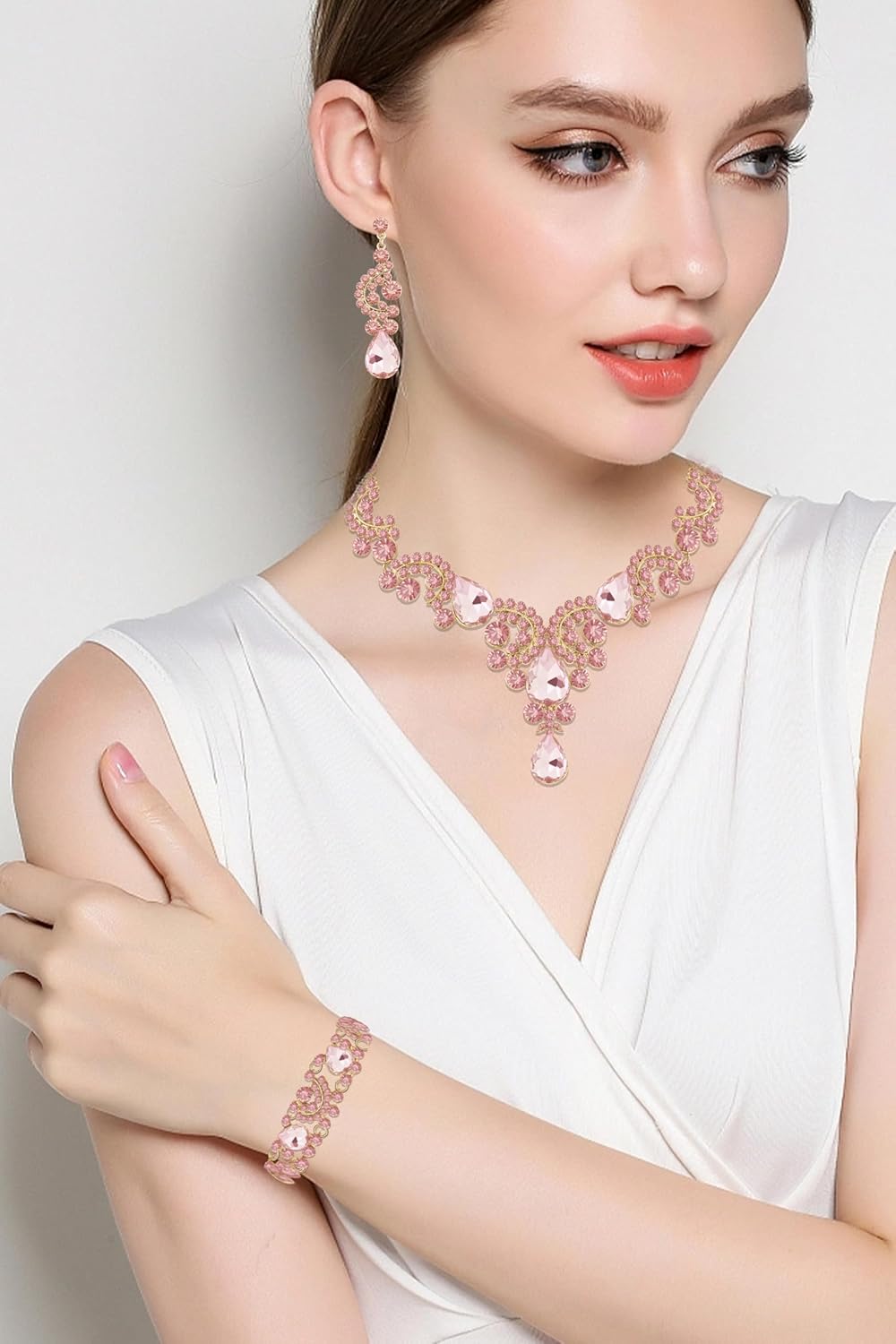 Crystal Bridal Wedding Jewelry Sets for Women Rhinestone Teardrop Crystal Statement Choker Necklace Drop Earrings Link Bracelets Rings Teardrop Jewelry Set for Brides Bridesmaids