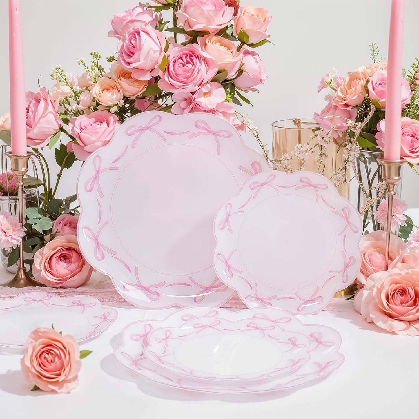 LIYH 60 Pcs Pink Plastic Plates for Party Bow Plates - Pink Porcelain Scalloped Plate Disposable Heavyduty for Wedding Bridal Shower Floral Dinnerware Set - 10.25" Dinner & 7.5" Dessert Plate