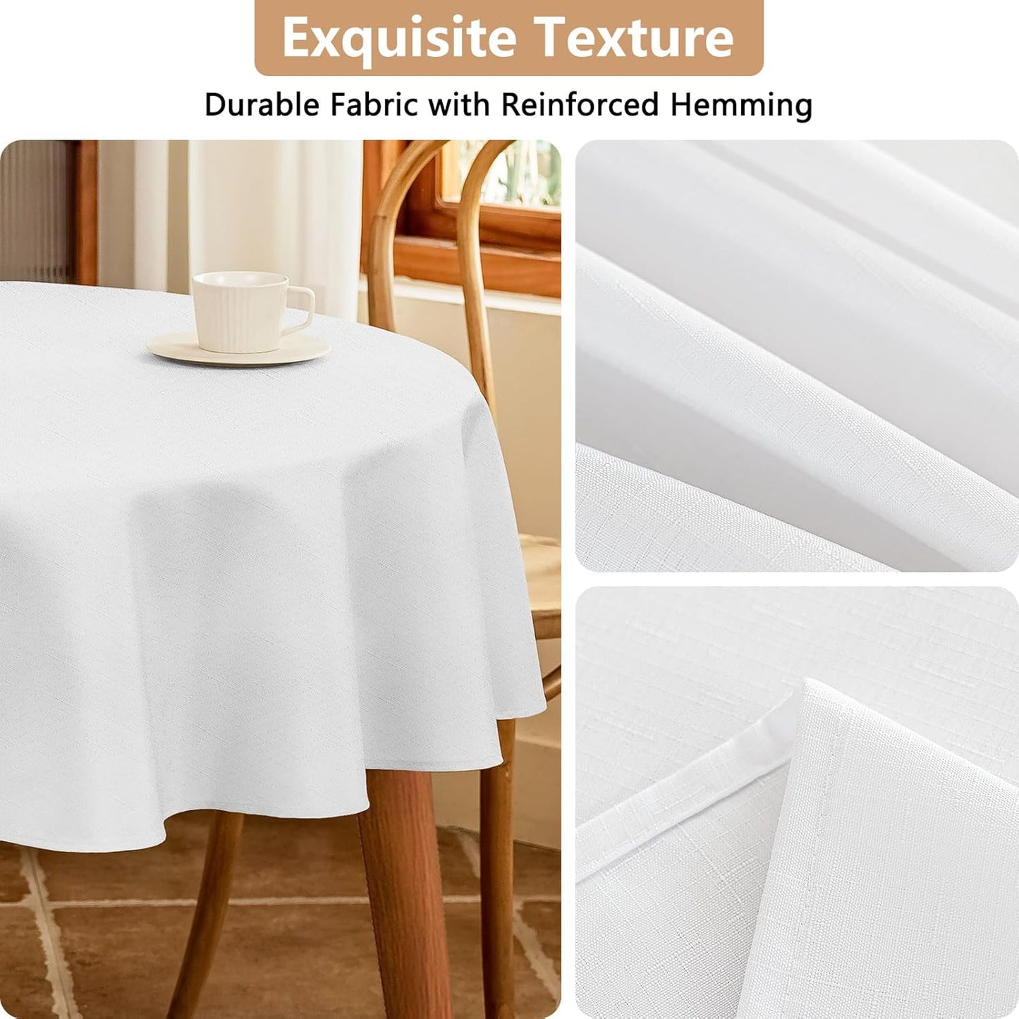 Fabric 60 Inch White Round Table Cloth, Faux Linen Textured Water Resistant & Wipeable Circle Tablecloth, Reusable for Dinning Kitchen Wedding