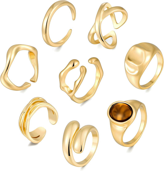 FAXHION 12PCS Gold Stackable Rings Set for Women, 18K Gold Plated Open Stacking Knuckle Ring, Adjustable Chunky Signet Band Statement Ring for Gift