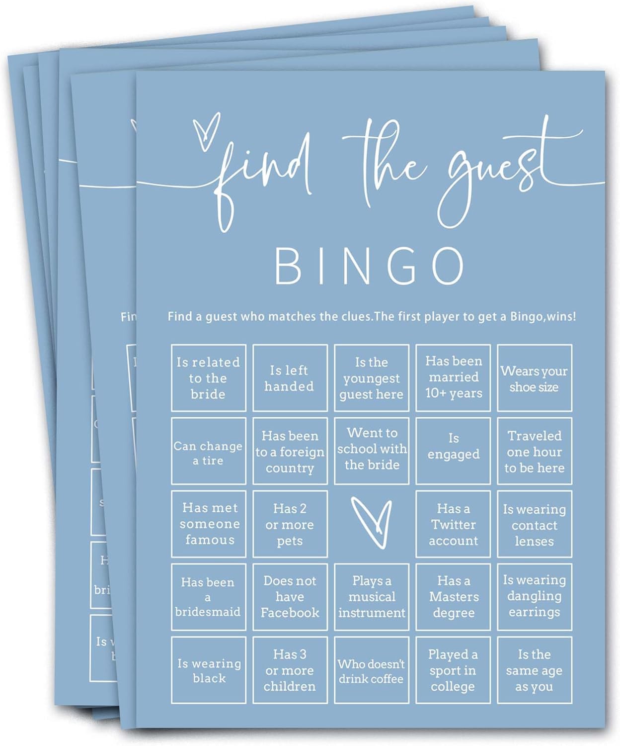 Wedding Shower Games Cards, 25Pcs Prefilled Find The Guest Bingo Game Cards, Engagement Party Games for Guests, Minimalist Blue Wedding Party Supplies - B19