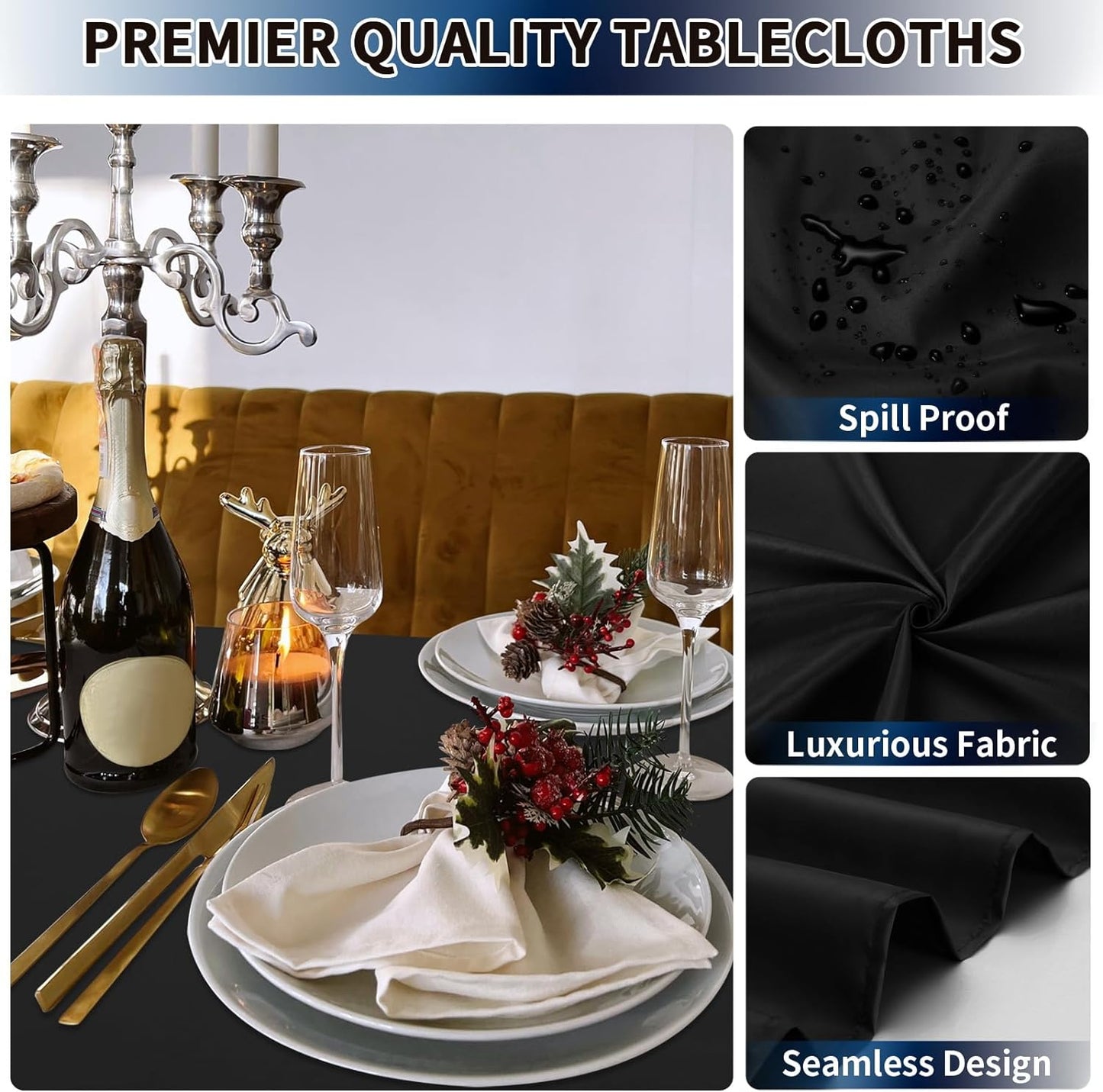 PureFit 6 Pack Rectangle Black Table Cloths 90 x 156 Inch for 8Ft Tables, Stain and Wrinkle Resistant Table Linens for Home Use, Wedding, Party, Banquet and Camping