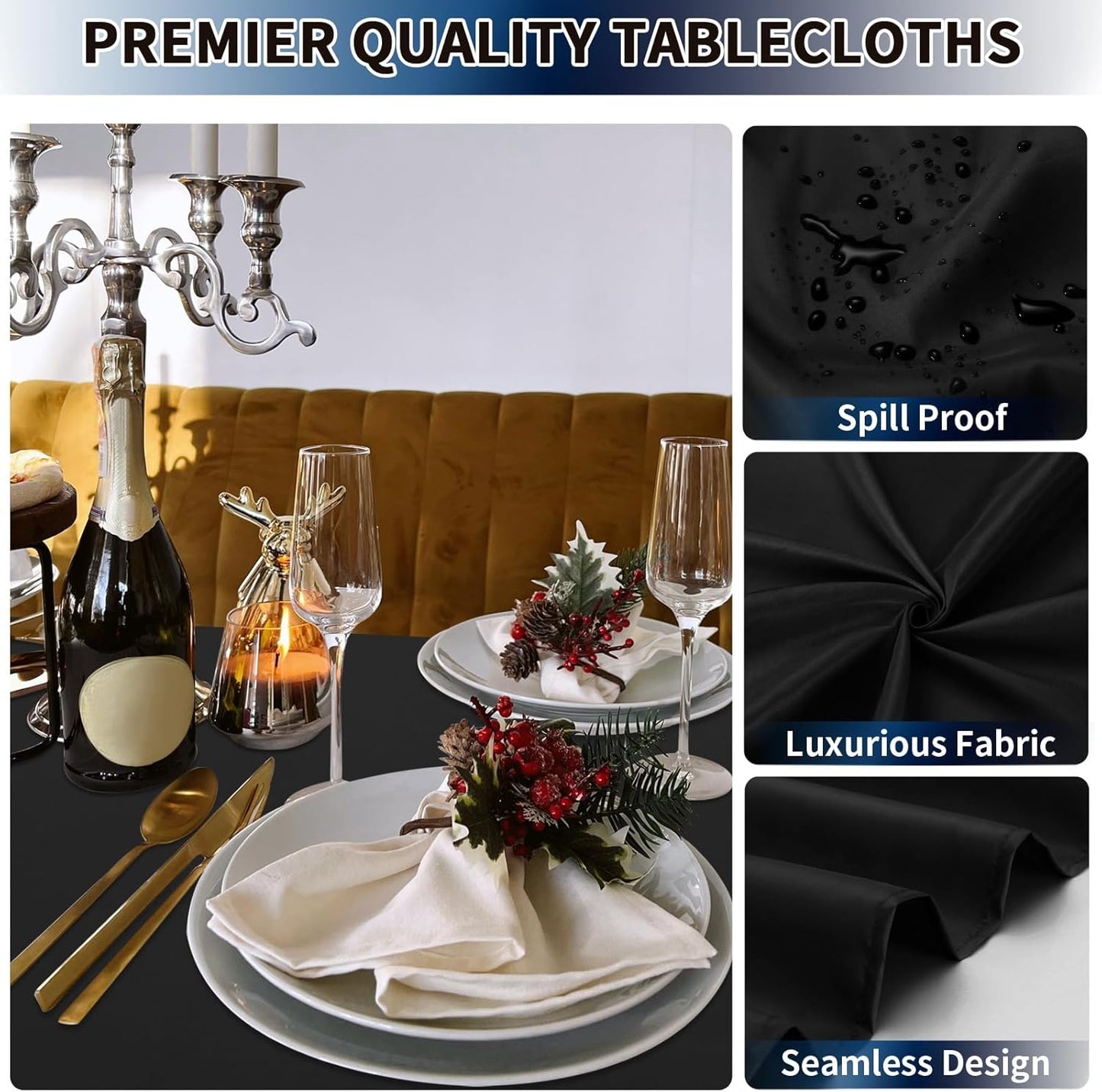 PureFit 8 Pack Rectangle Black Table Cloths 60 x 102 Inch for 6Ft Tables, Stain and Wrinkle Resistant Table Linens for Home Use, Wedding, Party, Banquet and Camping