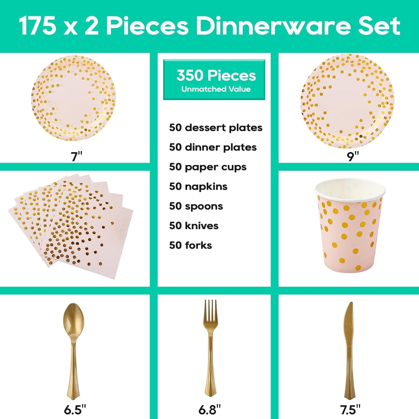 Pink and Gold Party Supplies - 350 PCS Disposable Dinnerware Set - Pink Paper Plates Napkins Cups, Gold Plastic Forks Knives Spoon for Graduation, Birthday, Thanksgiving, Cocktail Party