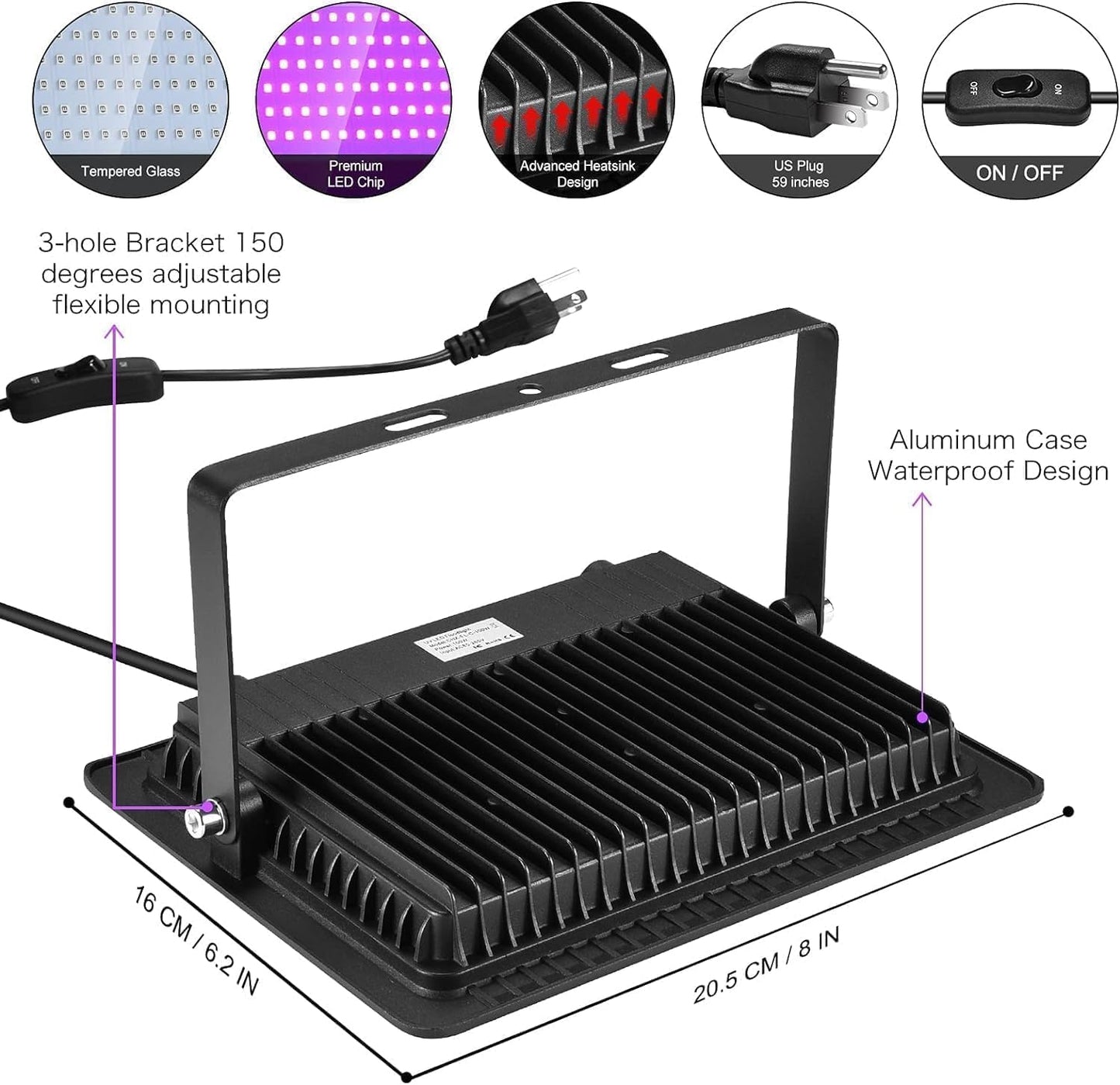 3 Pack 150W LED Black Lights, Blacklight Flood Light Outdoor with Plug and Switch, IP66 Waterproof for Dance Party, Glow in The Dark, Halloween Lights, Body Paint, Fluorescent Poster
