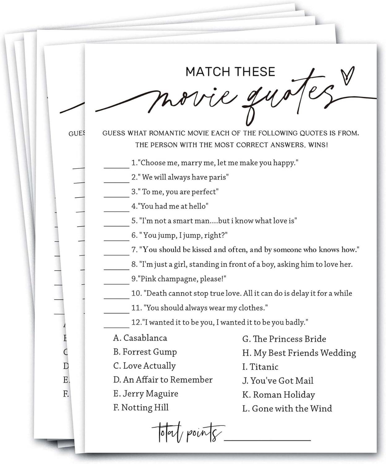 Wedding Shower Games Cards, Match These Movie Quotes, 25 Game Cards with 1 Answer Card, Engagement Party Wedding Games for Guests, Minimalist White Wedding Party Supplies - A09