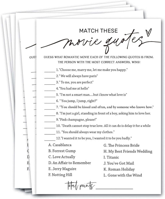 Wedding Shower Games Cards, Match These Movie Quotes, 25 Game Cards with 1 Answer Card, Engagement Party Wedding Games for Guests, Minimalist White Wedding Party Supplies - A09