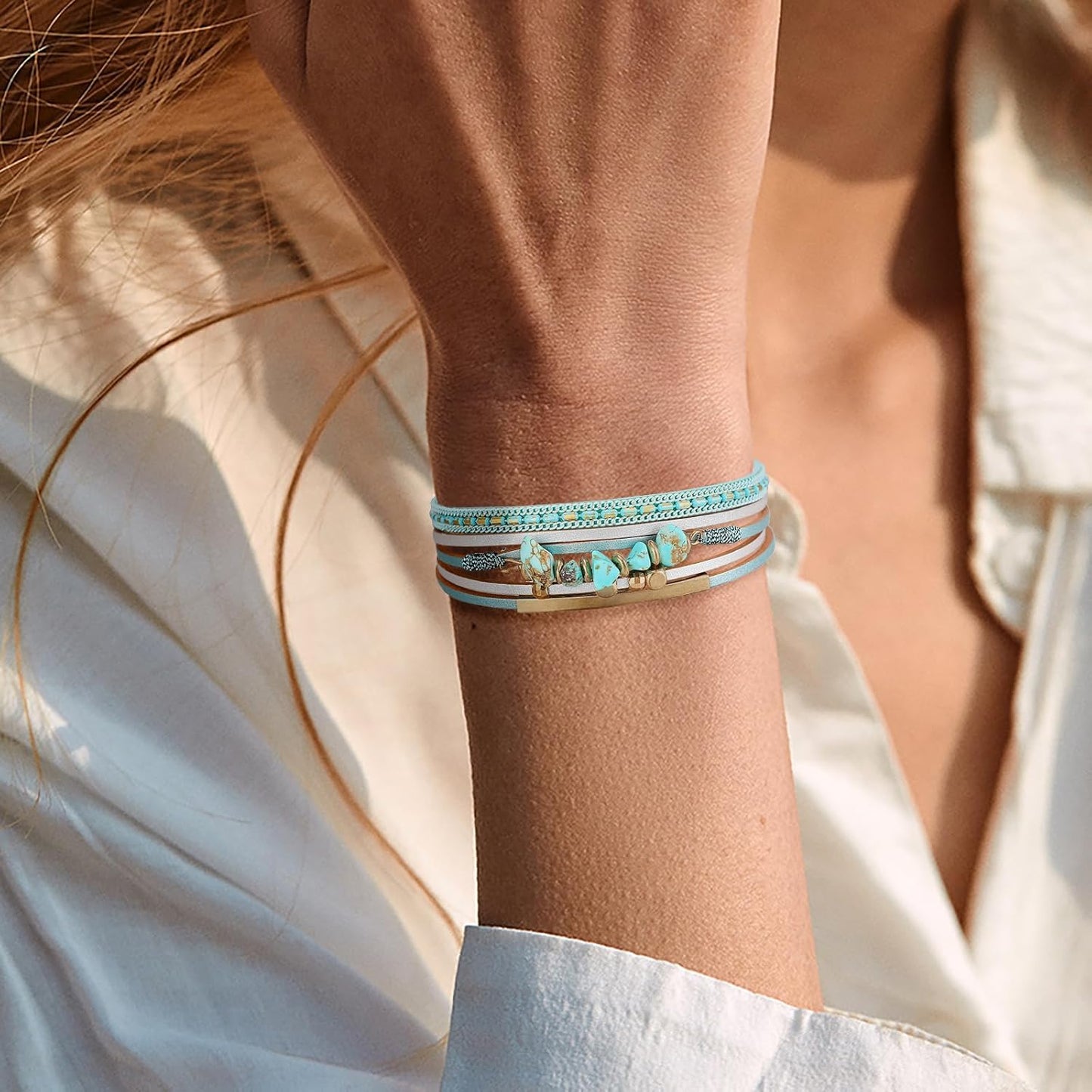 Fesciory Leather Wrap Bracelets for Women, Boho Leopard Multi-Layer Crystal Beads Cuff Bracelet Jewelry