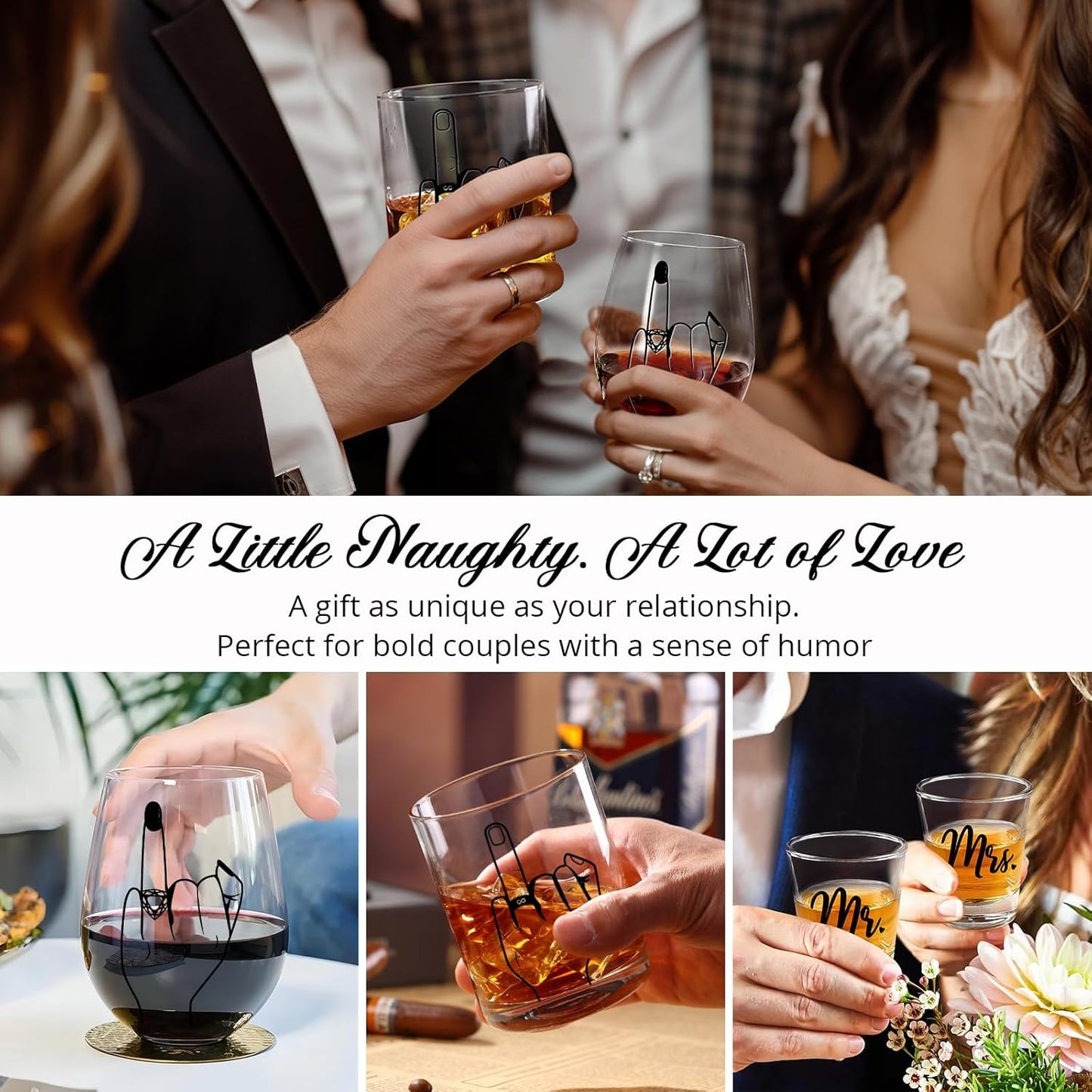 Funny Engagement Gift Set – 4PCS Mr and Mrs Glasses with Ring Finger Wine Glass & Whiskey Glass – Shot Glasses for Newly Engaged Couple – Bridal Shower, Wedding, Bachelorette Gifts for Him & Her