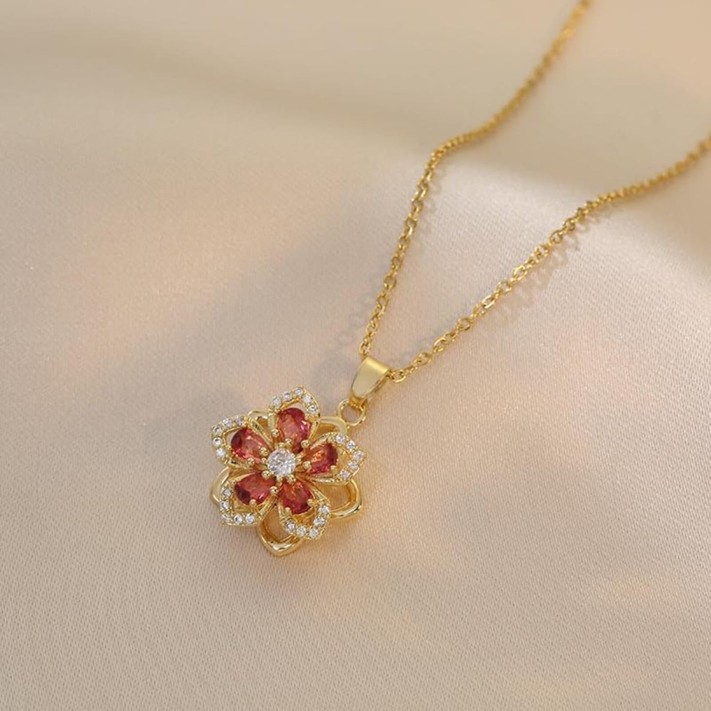 Necklace for Women Gold Flower Fidget Necklace Rotatable Crystal Silver Blossom Pendant Necklaces Adjustable Spinning Fidget Necklaces Redbud Flower Choker Funny Gift Jewelry