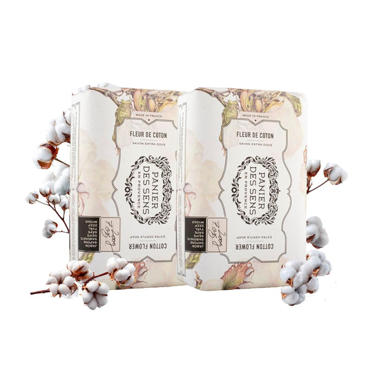 Panier des Sens Cotton Flower Shea butter natural bar soap, bath & body soap bars - Made in France 95% natural - 2 bars, 7oz/200g each