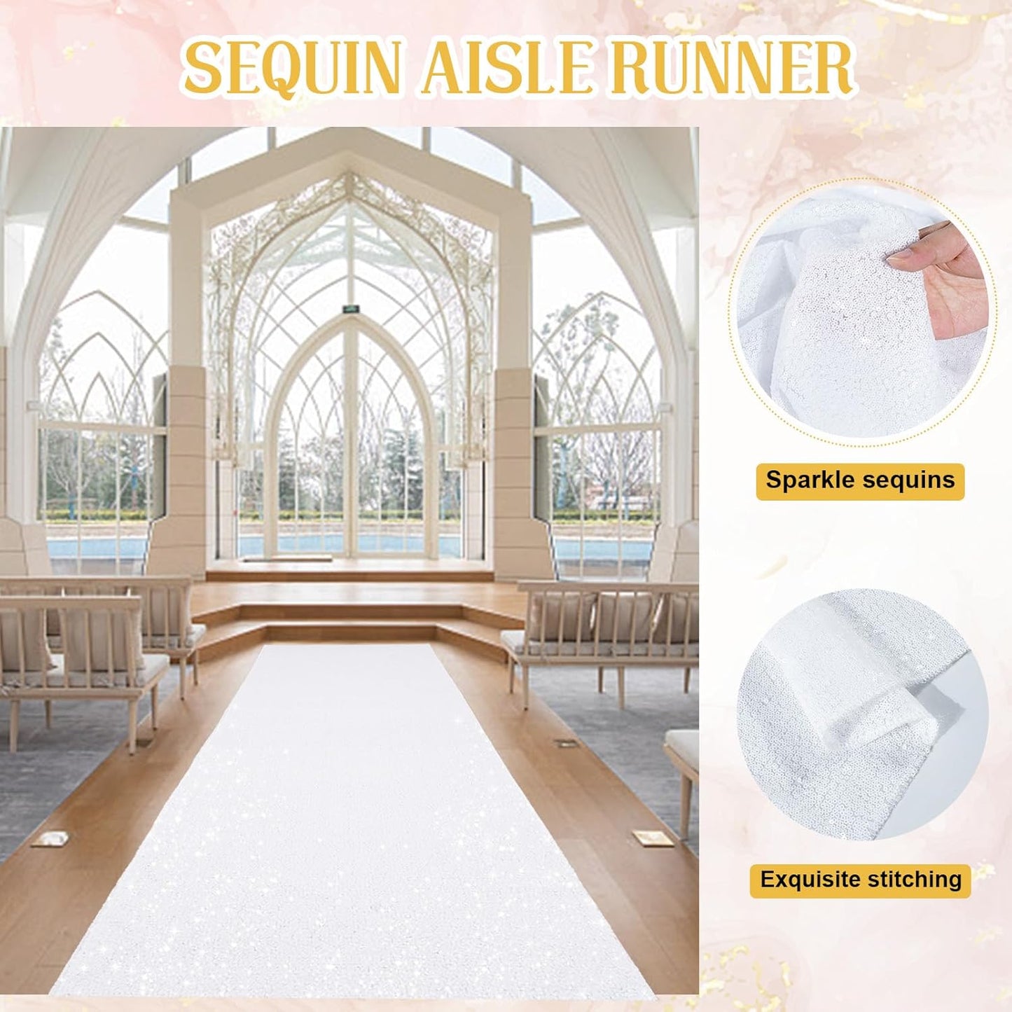 PartyDelight White Carpet Runner for Party 2.6FTx15FT Sequin Wedding Aisle Runner Sparkly Rug for Prom Ceremony Indoor Outdoor Engagement Decoration