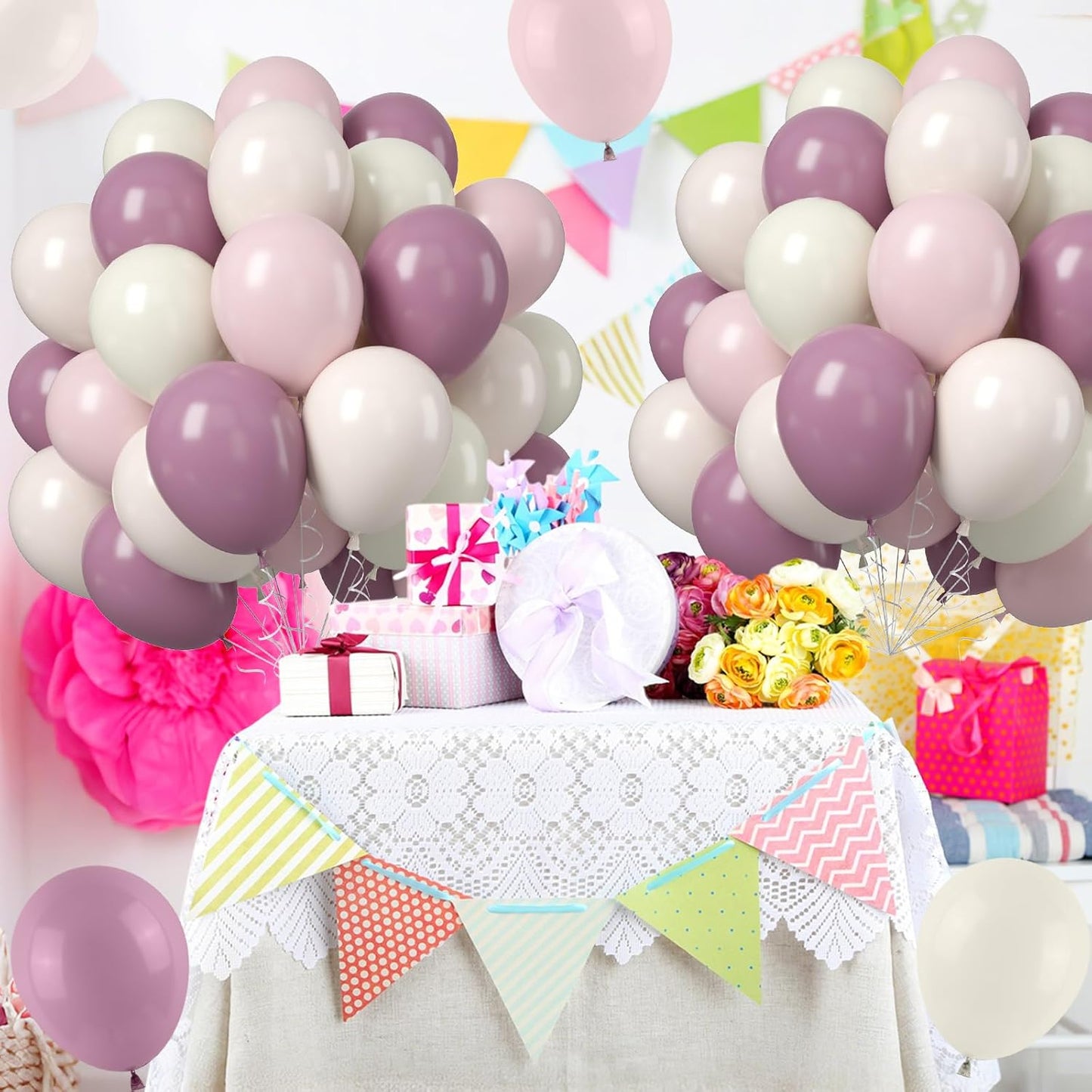 Pink and Purple Balloons, 50PCS 12Inch Dusty Purple Lavender Pastel Macaron Pink Sand White Balloon Boho Balloon for Girls Birthday Baby Shower Wedding Boho Bridal Shower Decorations