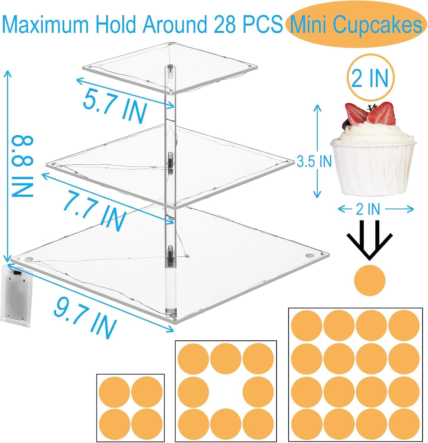 3 Tier Cupcake Stand Cupcake Holder, Acrylic Cupcake Tower with LED Yellow Light for 24 Cupcakes, Dessert Table Display Set for Birthday, Bar, Decor Weddings, Parties Events