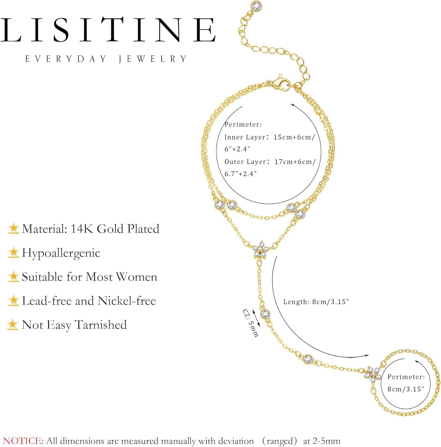 Listine Hand Chain Bracelet 14K Gold Plated Ring Bracelet Hand Chain Trendy Stuff for Women Dainty Hand Bracelets with Finger Ring Hand Jewelry for Women