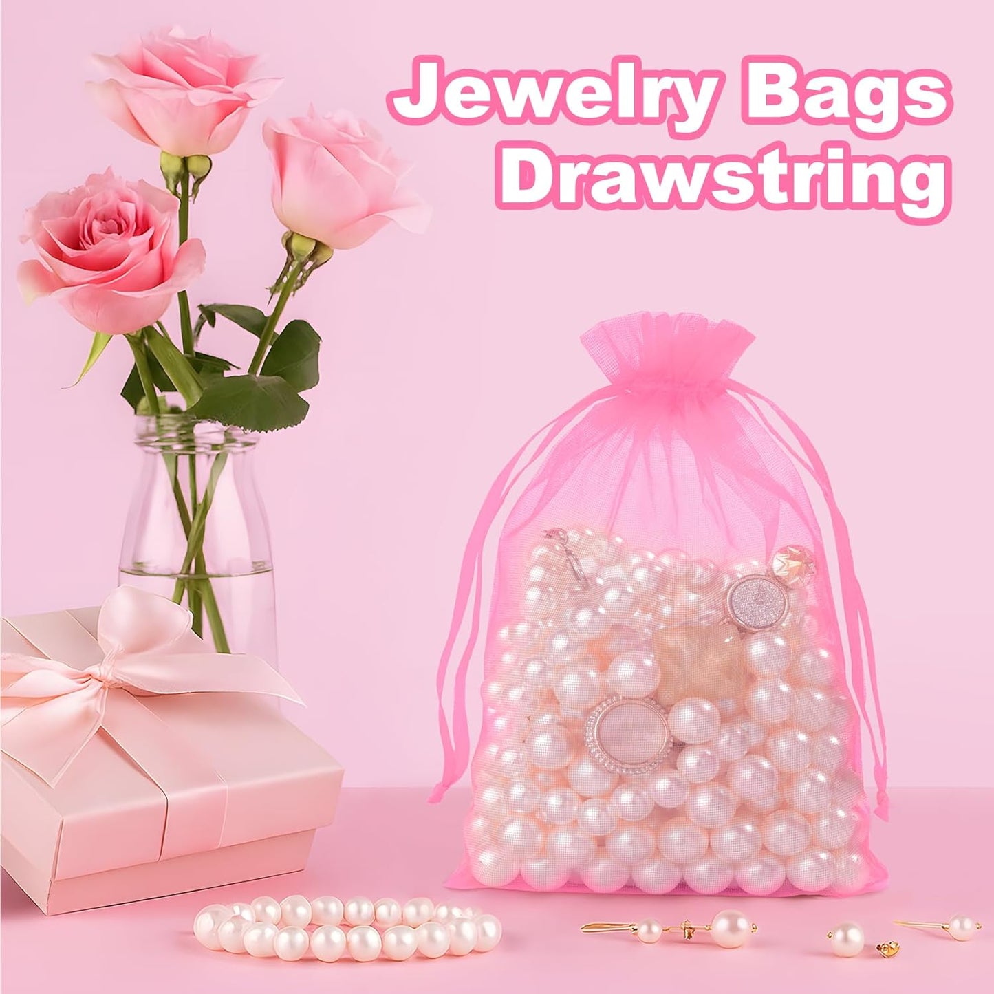 Crweety 50 Pcs Pink Organza Bags 3x4 Inch, Premium Mesh Gift Bags for Wedding Baby Shower Party Favors, Small Mesh Bags Drawtring for Candy Jewelry Gifts, Cute Sachet Bags