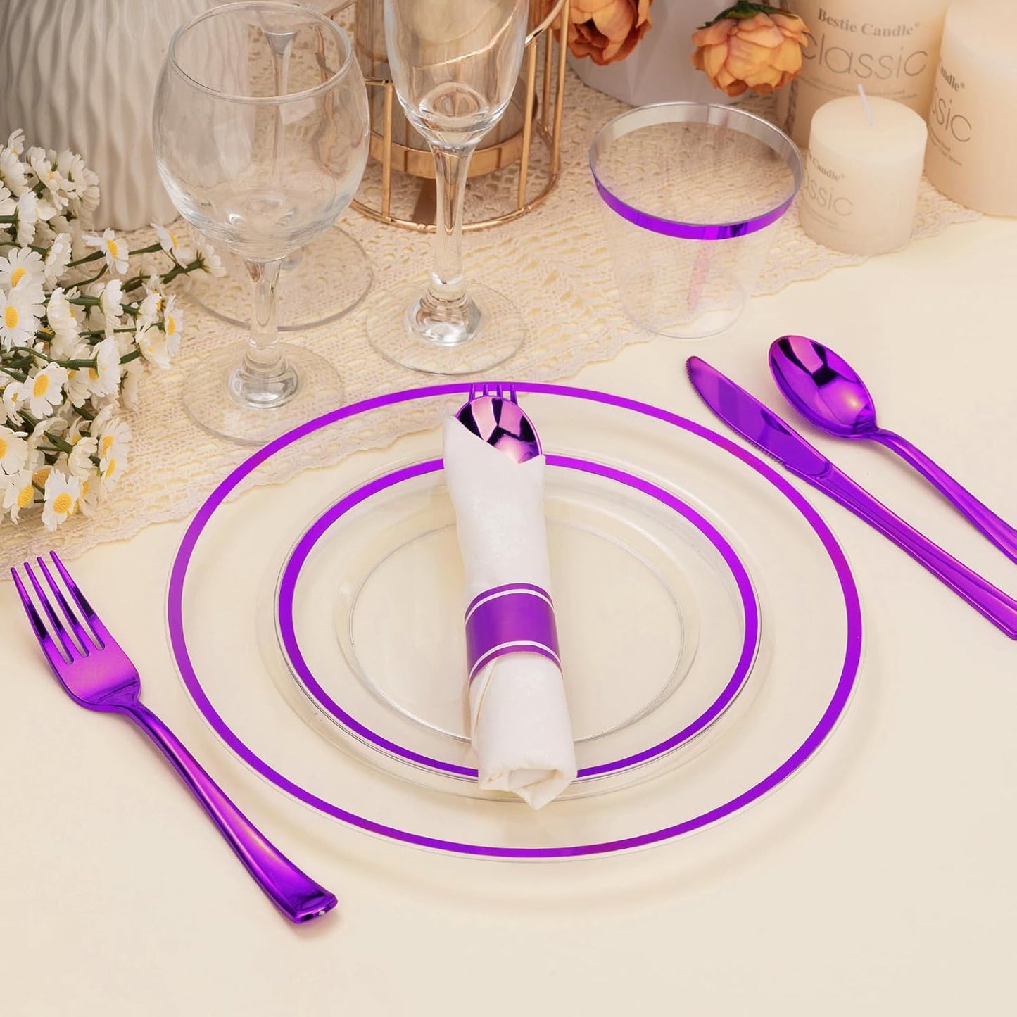 350PCS Clear and Purple Disposable Plates Set for 50 Guests, 100 Plastic Plates, 50 Plastic Cups, 50 Pre-Rolled Napkins with Cutlery for Party, Birthday, Wedding, Thanksgiving, Christmas