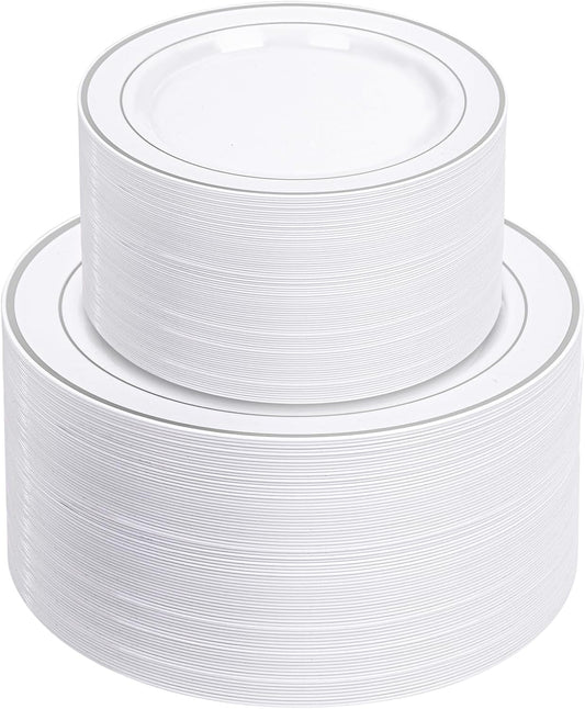 NOCCUR 200PCS Silver Plastic Plates Disposable for 100 Guests - Include 100 Dinner / 100 Dessert Plates Heavy Duty - Ideal for Party, Wedding, Christmas