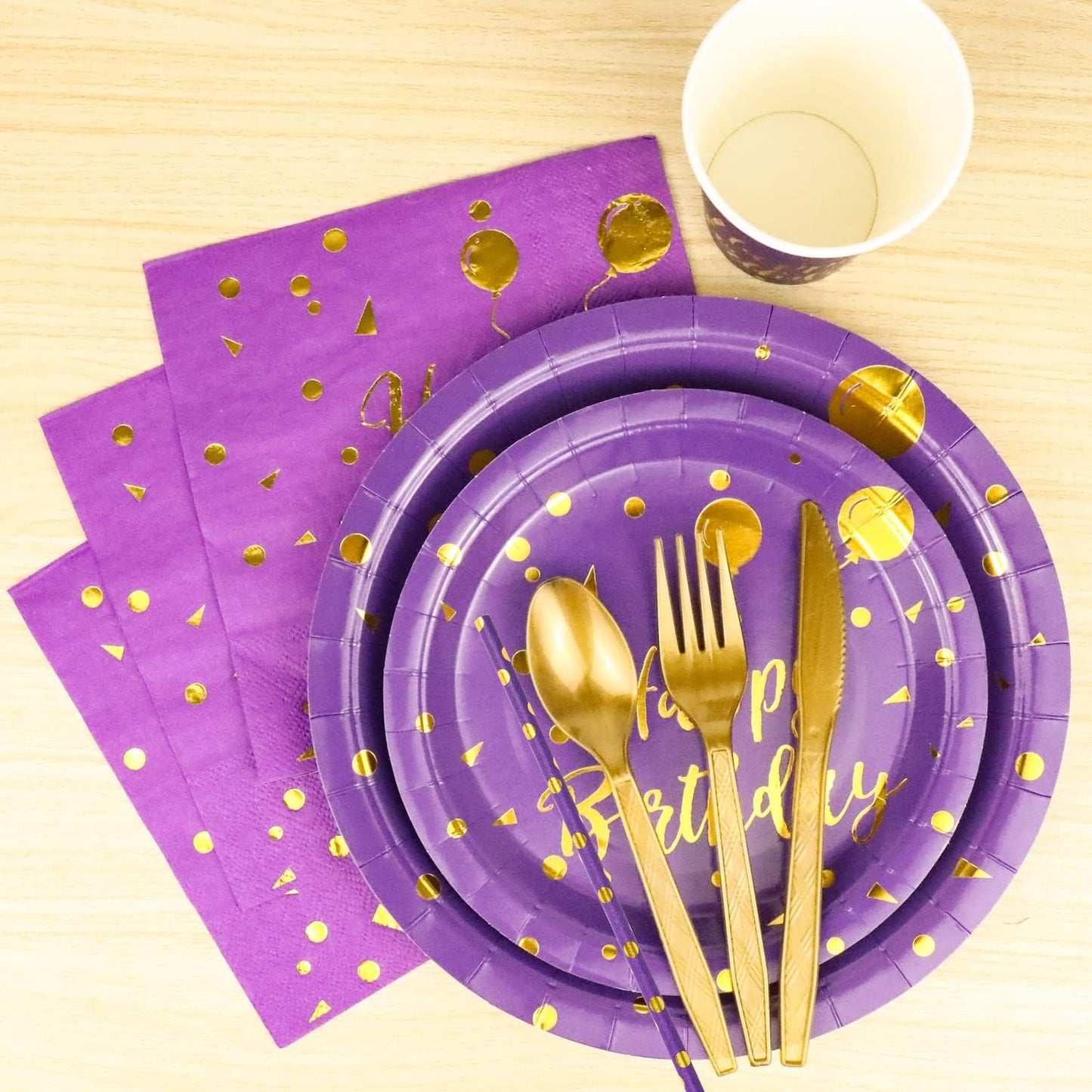 200 Pieces Gold Disposable Party Dinnerware Set &Disposable Purple Birthday Party Dinnerware - Purple Paper Plates Napkins Cups, Gold Plastic Forks Knives Spoons Straws