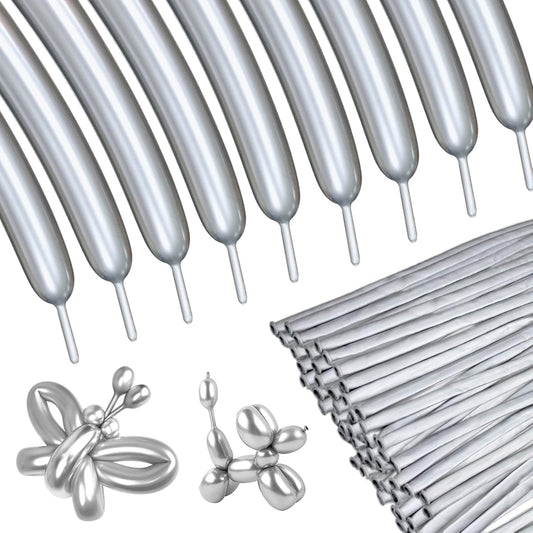 Silver Metallic 260 long Balloons 100 Pack Modeling Long Magic Balloons Shiny Latex DIY Animal Balloon for Birthday Wedding New Year Festival Party Decoration (Silver Twisting Balloons)