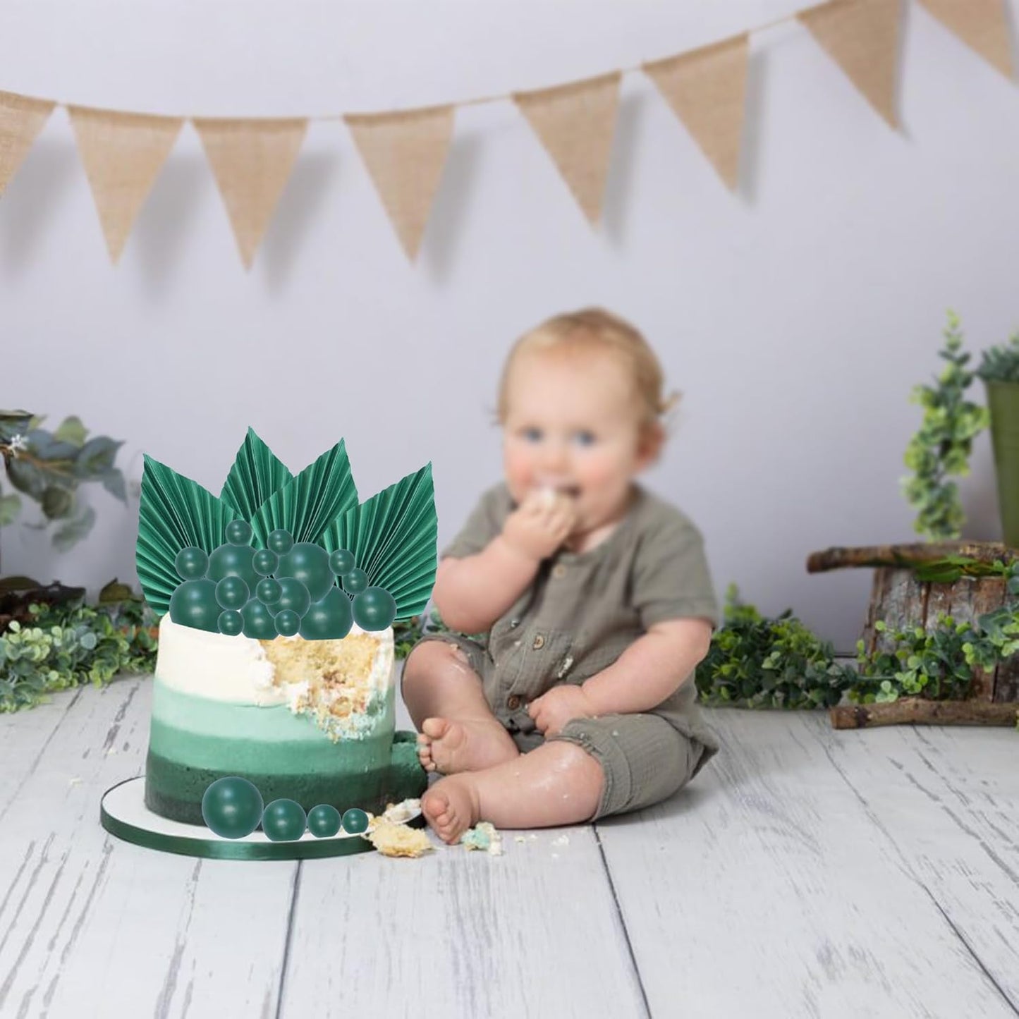 Ephlyn 28Pcs Paper Palm Fan Cake Topper Balls Cake Pick for Baby Shower Wedding Bridal Shower Birthday Anniversary Party DIY Cake Decorations Supplies Green