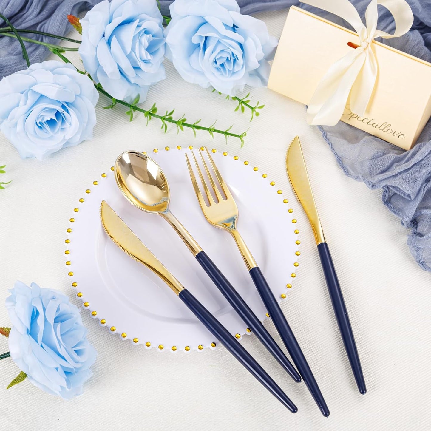 Supernal 102Pcs Dark Blue Plastic Silverware, Gold Plastic Cutlery with Dark Blue Handle, Gold Disposable Utensils Includes 34 Forks, 34 Spoons and 34 Knives for Mother's Day, Wedding, Theme Banquet