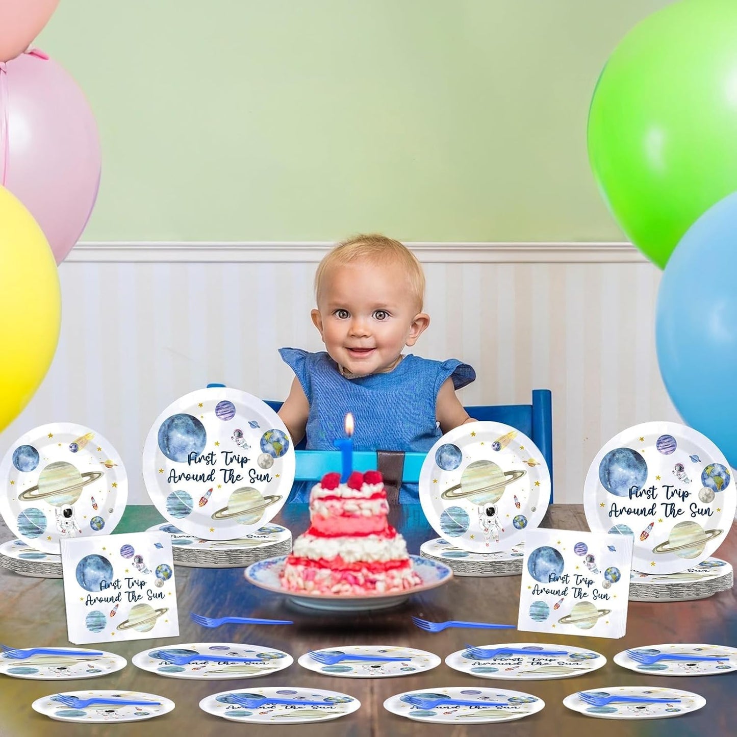 ZOIIWA 200 PCS First Trip Around the Sun Birthday Tableware Disposable 1st Space Party Supplies Outer Space Birthday Party Paper Plates Napkins Forks Baby Shower Decoration Serve 50 guest