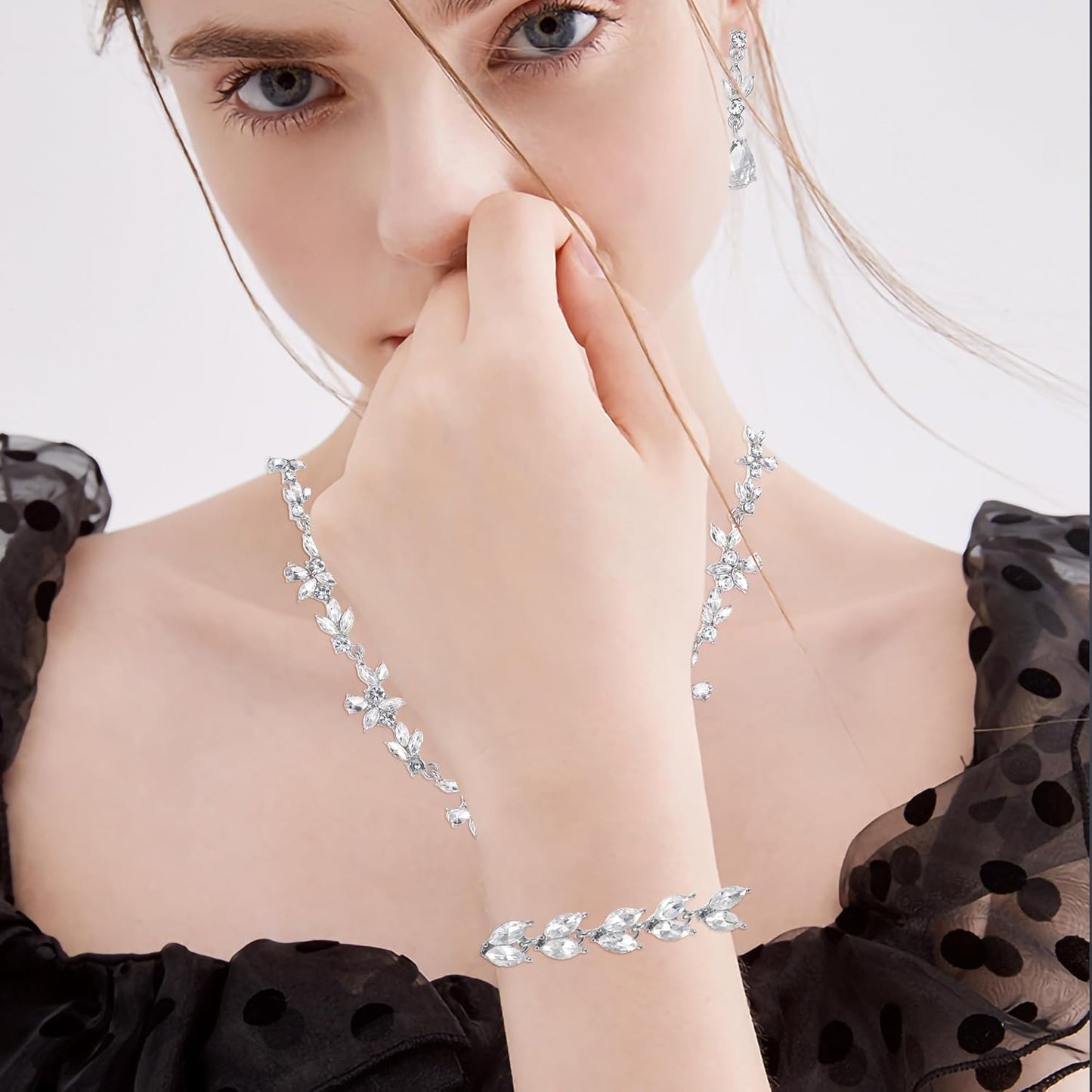 Kamirola Bridal Jewelry Set, Jewelry Set for Women, Necklace Dangle Earrings Bracelet Set, White Gold Plated (TR76)