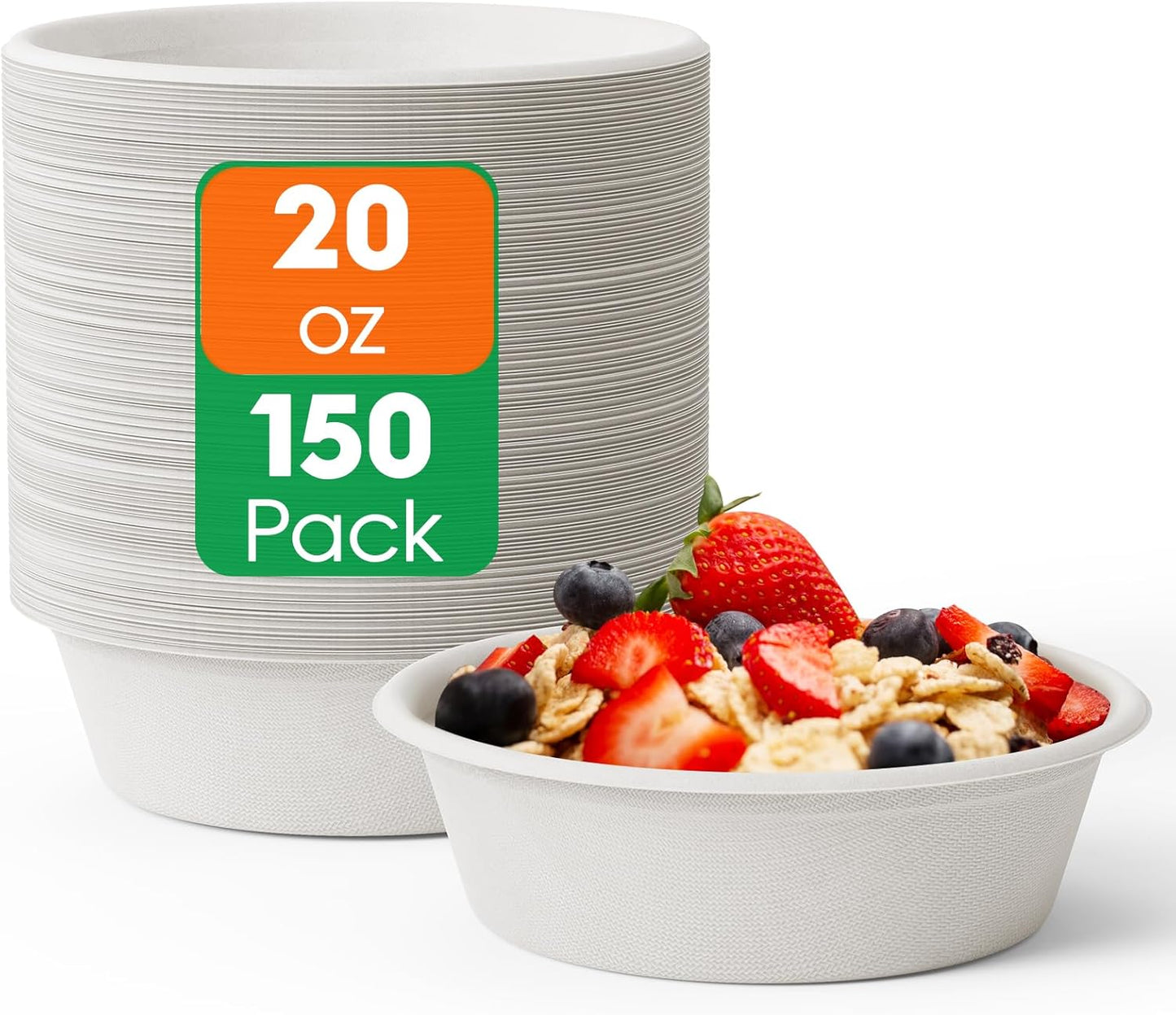 ECOLipak 20 OZ 150 Count Paper Bowls, Disposable Compostable Large Soup Bowl, Heavy Duty Bagasse Bowls for Family Lunch, Dinner Meals, Camping, Party