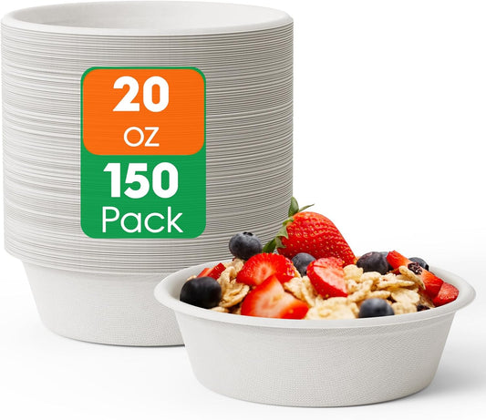 ECOLipak 20 OZ 150 Count Paper Bowls, Disposable Compostable Large Soup Bowl, Heavy Duty Bagasse Bowls for Family Lunch, Dinner Meals, Camping, Party